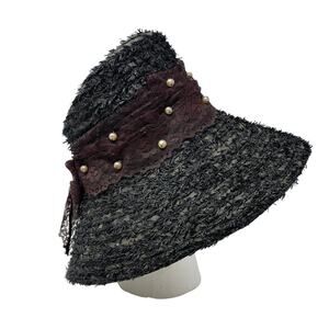 Vintage Italian Straw Cloche Hat Womens Gray Woven Lace Bow Pearl Trim